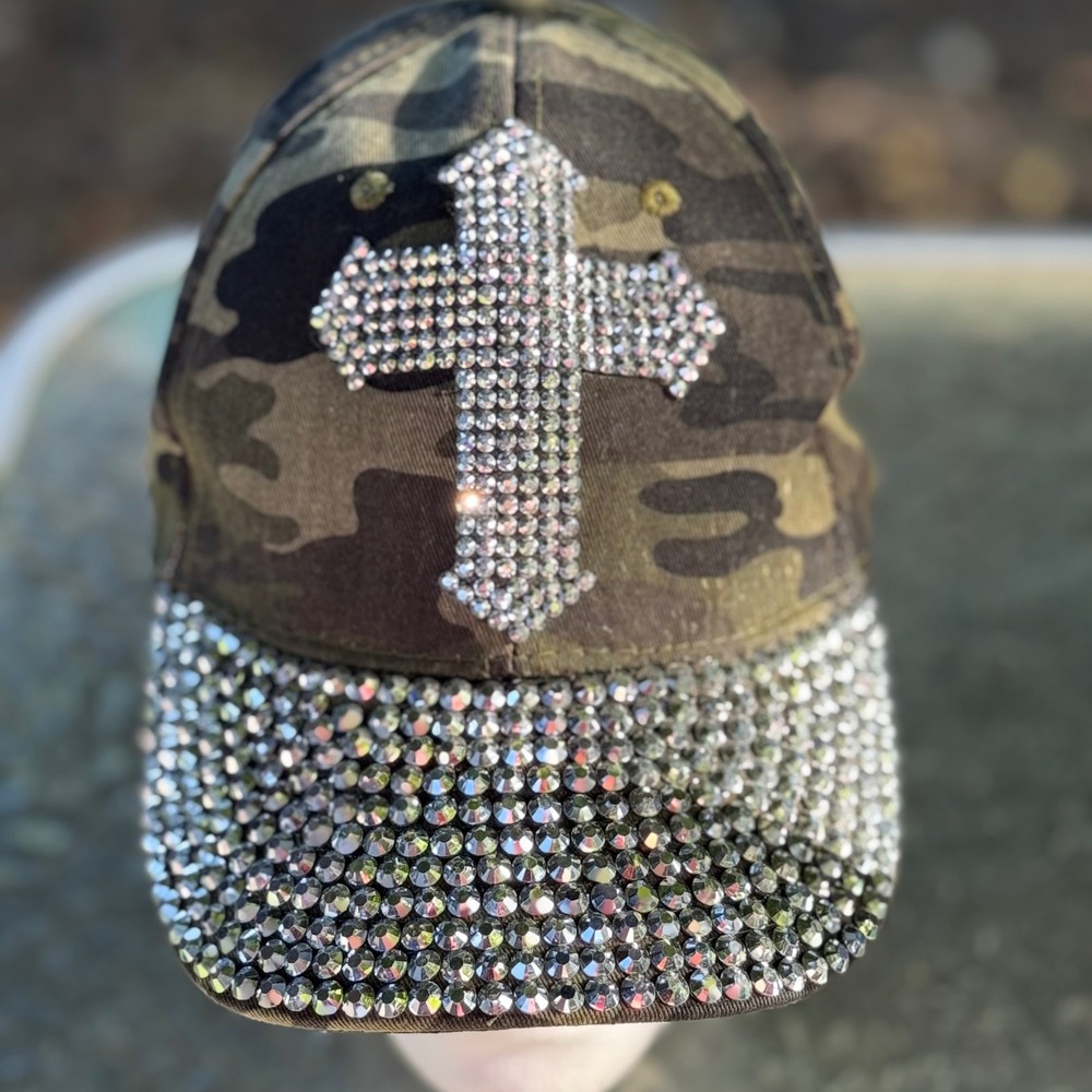 Y2K Something Special Camo Rhinestone Cross Baseball Hat Camouflage Studded Brim